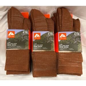 3 Pairs Ozark Trail Crew Socks Arch Support Wool Blend Brown Men's Size 6-12 x 3